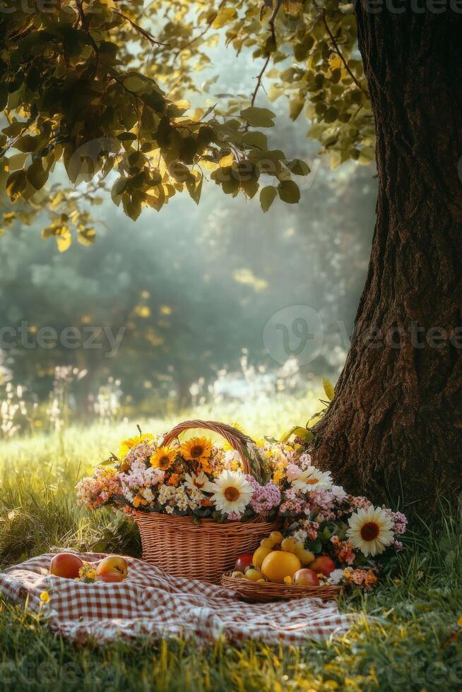 Picnic setup with flowers and fruits under a large tree in nature photo