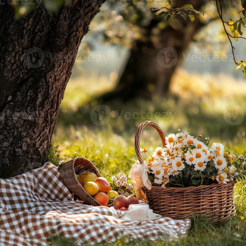 Picnic setup under a tree with flowers and fresh fruits in a sunny meadow photo