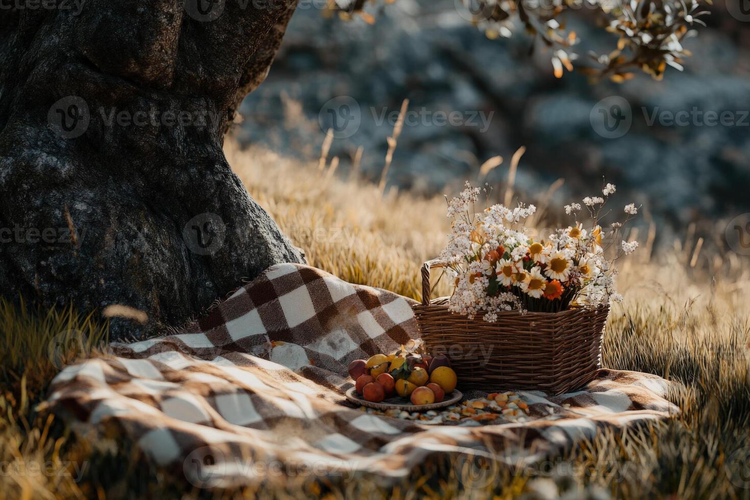 Relaxing picnic setup under a tree in a serene natural setting photo