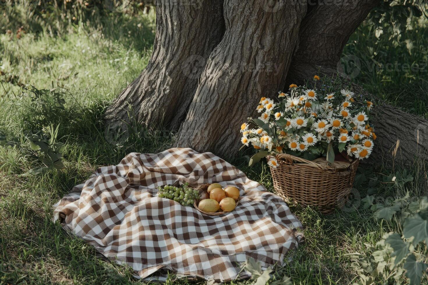 Cozy picnic setup under a large tree with fresh fruits and flowers photo