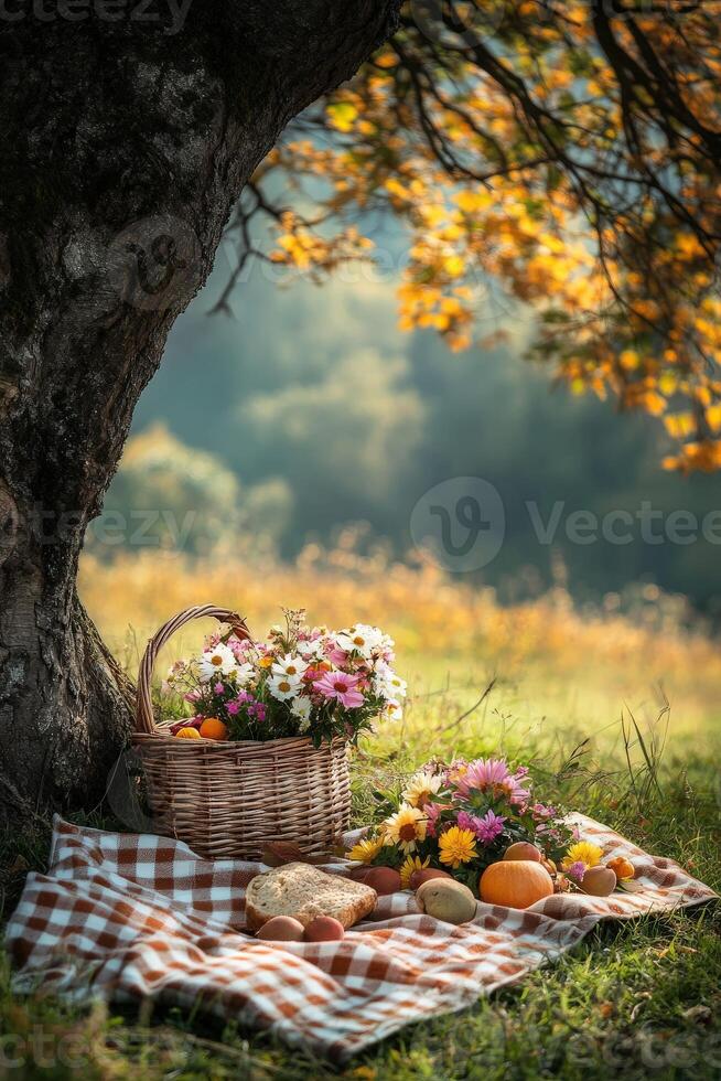 Enjoying a sunny day picnic under a tree with flowers and snacks in nature photo