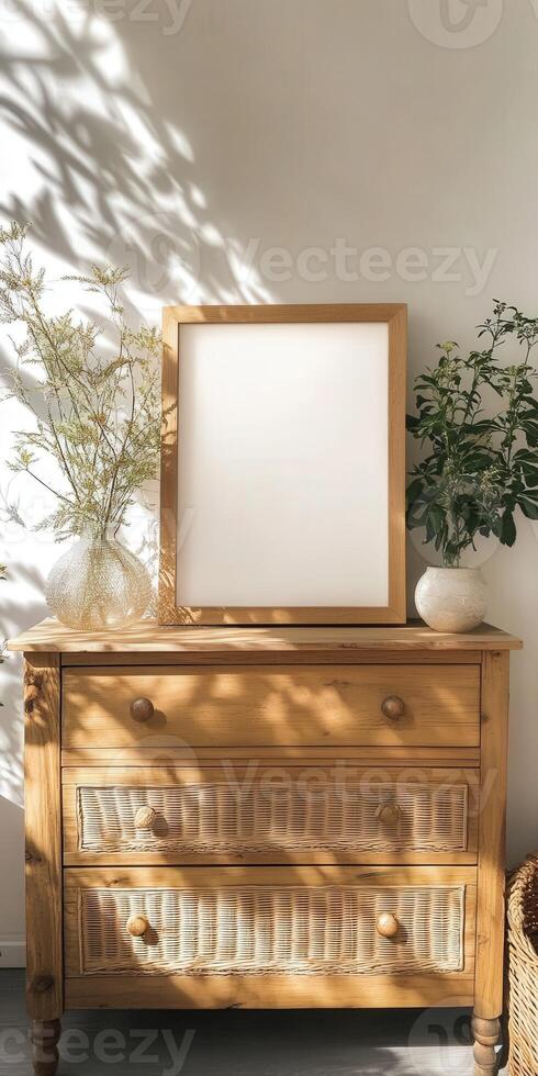 Wooden dresser adorned with plants and a blank frame in soft light photo