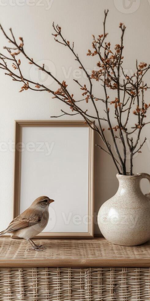 Bird perched by a vase and branches on a woven surface indoors photo