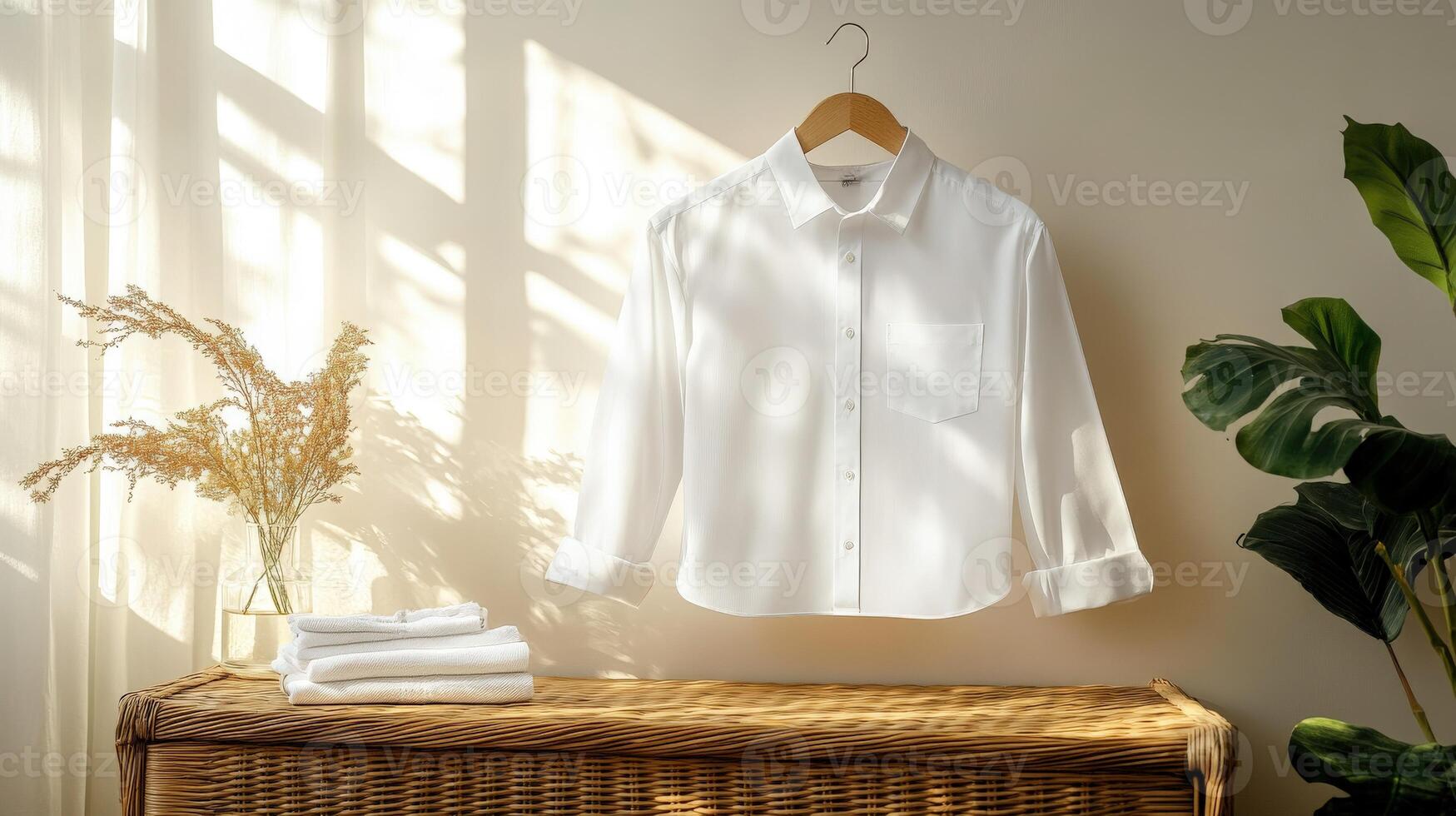 White shirt hanging in a bright room with warm sunlight filtering through photo