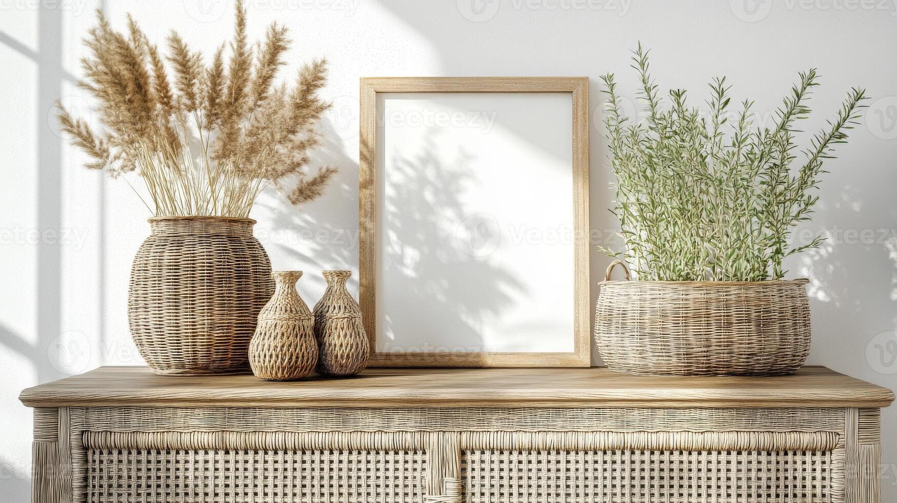 Natural decor arrangement with greenery and woven elements in a sunny room photo