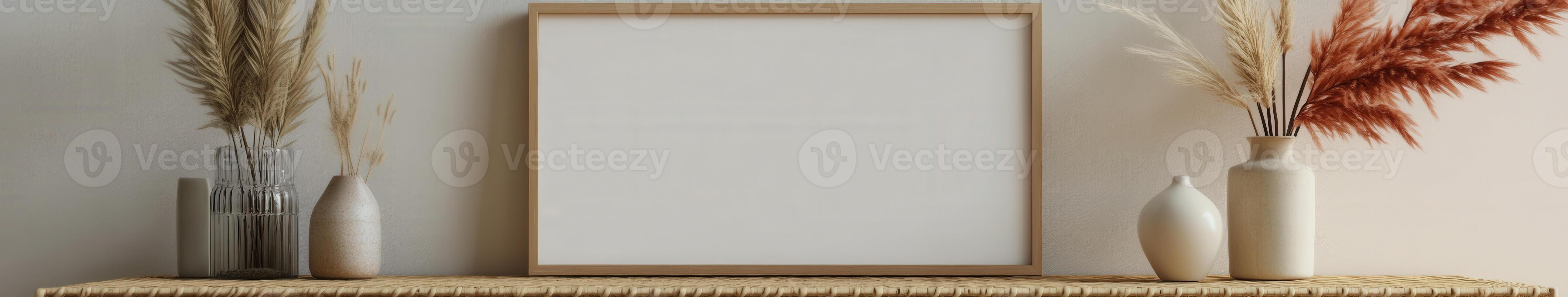 Modern minimalistic decor with a blank frame and vases on a shelf photo