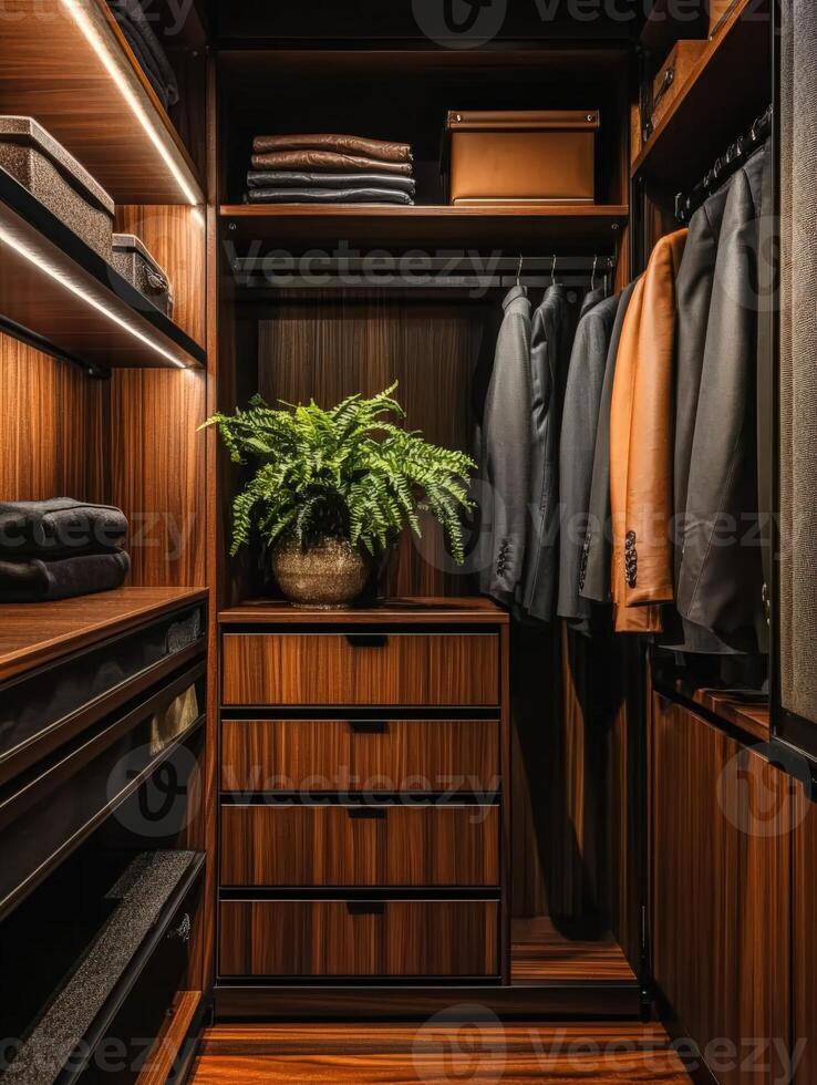 Stylish closet interior showcasing organized suits and greenery photo