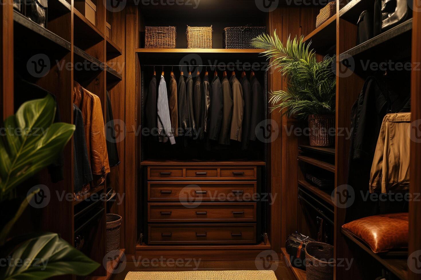 Modern walk-in closet featuring stylish organization and natural decor photo