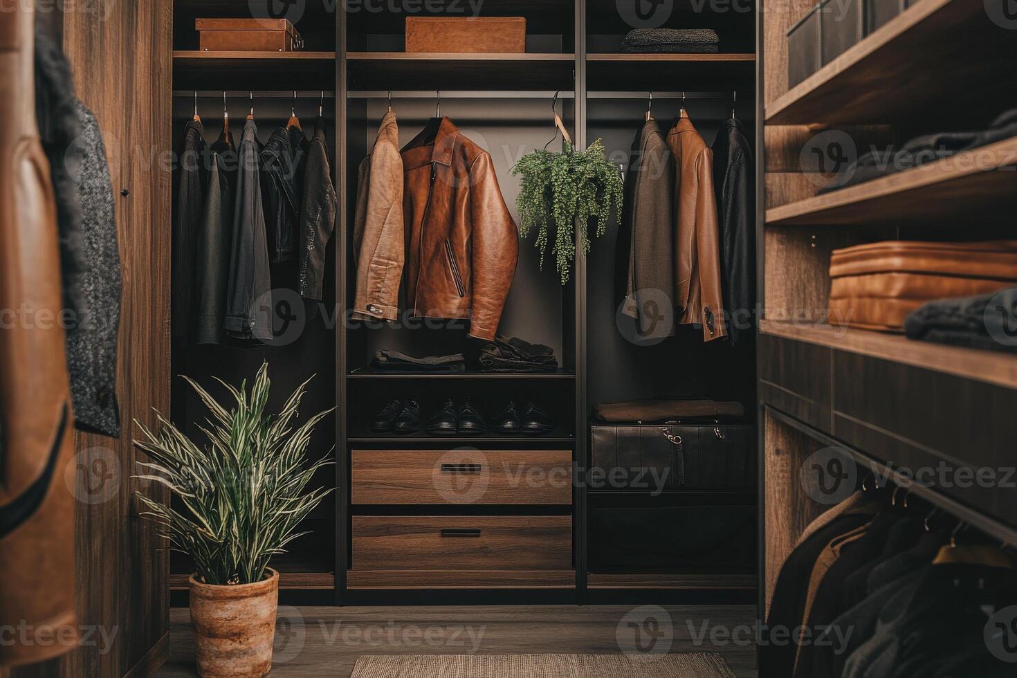 Modern closet design featuring leather jackets and lush greenery photo