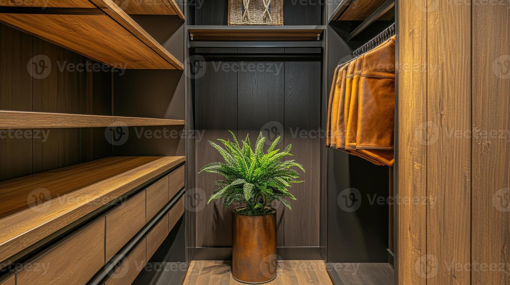 Stylish contemporary closet with wooden shelves and a green plant photo