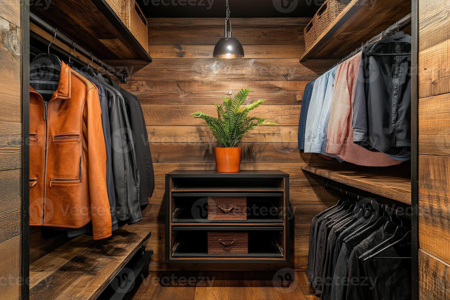 Stylish closet with organized clothing and a decorative plant photo