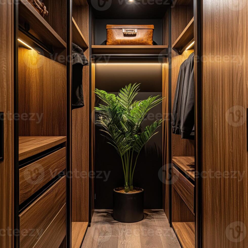 Modern closet design featuring plants and organized storage solutions photo