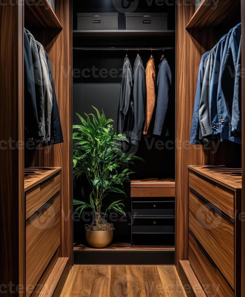 Stylish modern closet design featuring a plant and neatly organized clothing photo