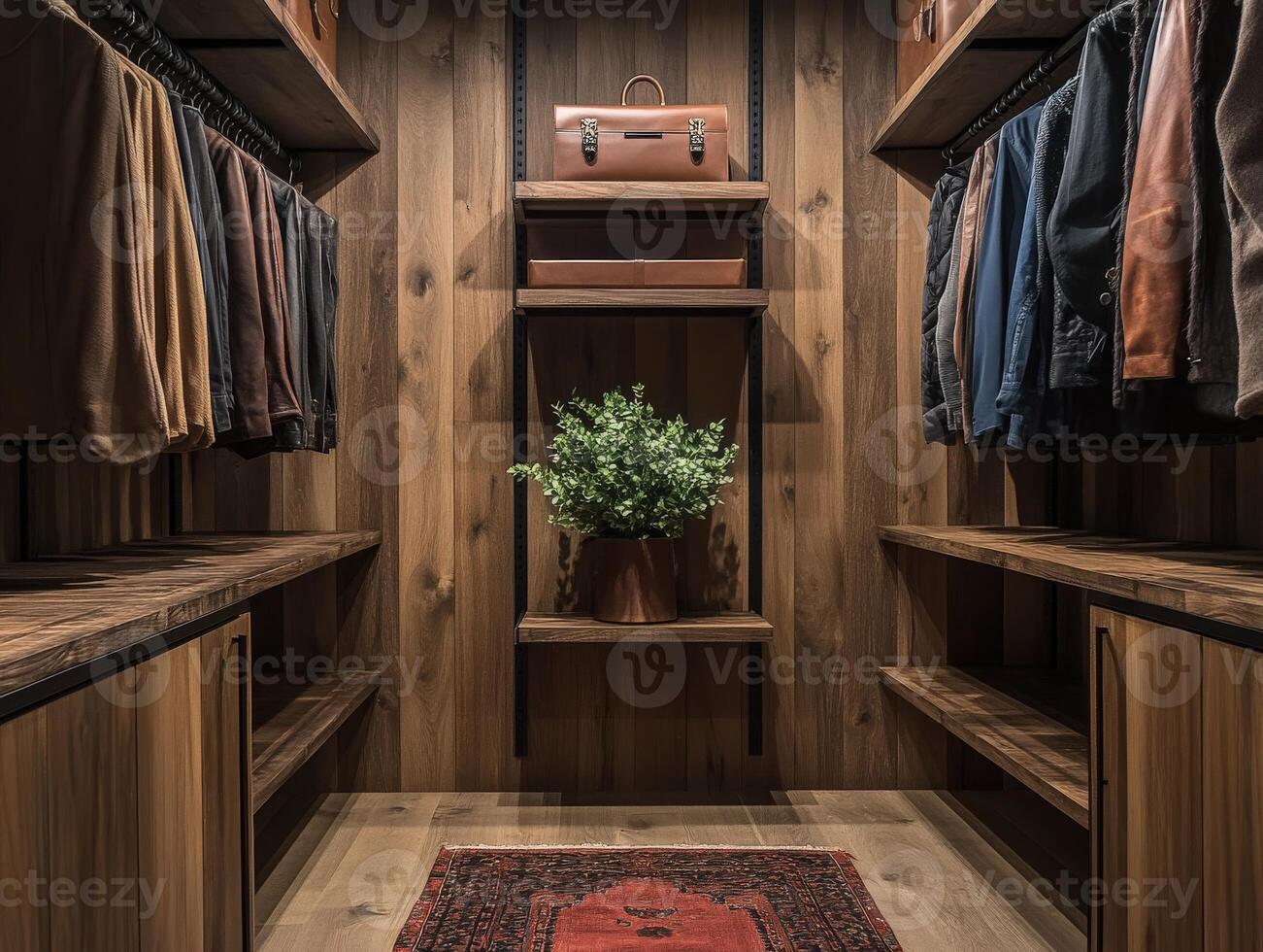 Stylish and organized closet with wooden shelves and a decorative plant photo