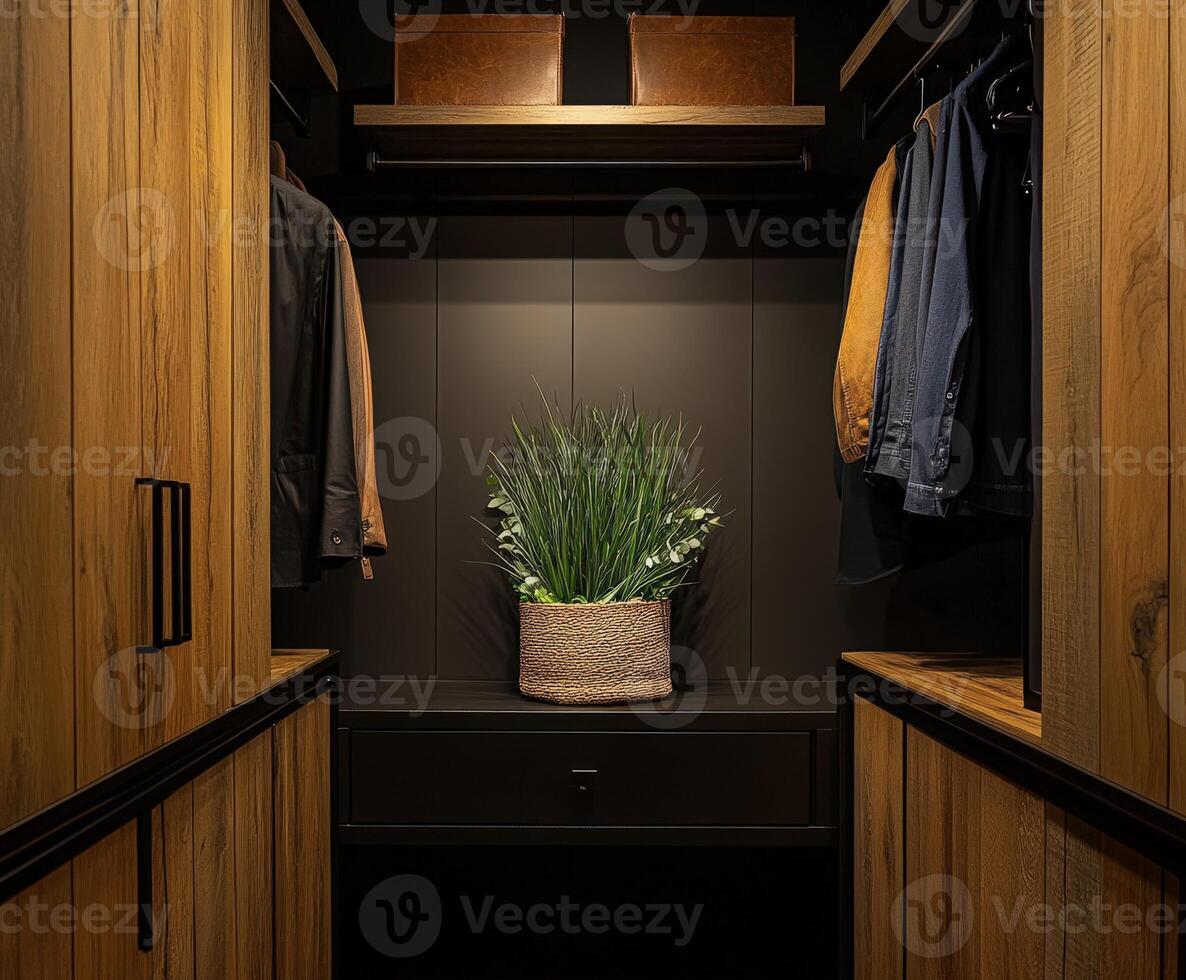 Modern closet design featuring greenery and organized storage solutions photo