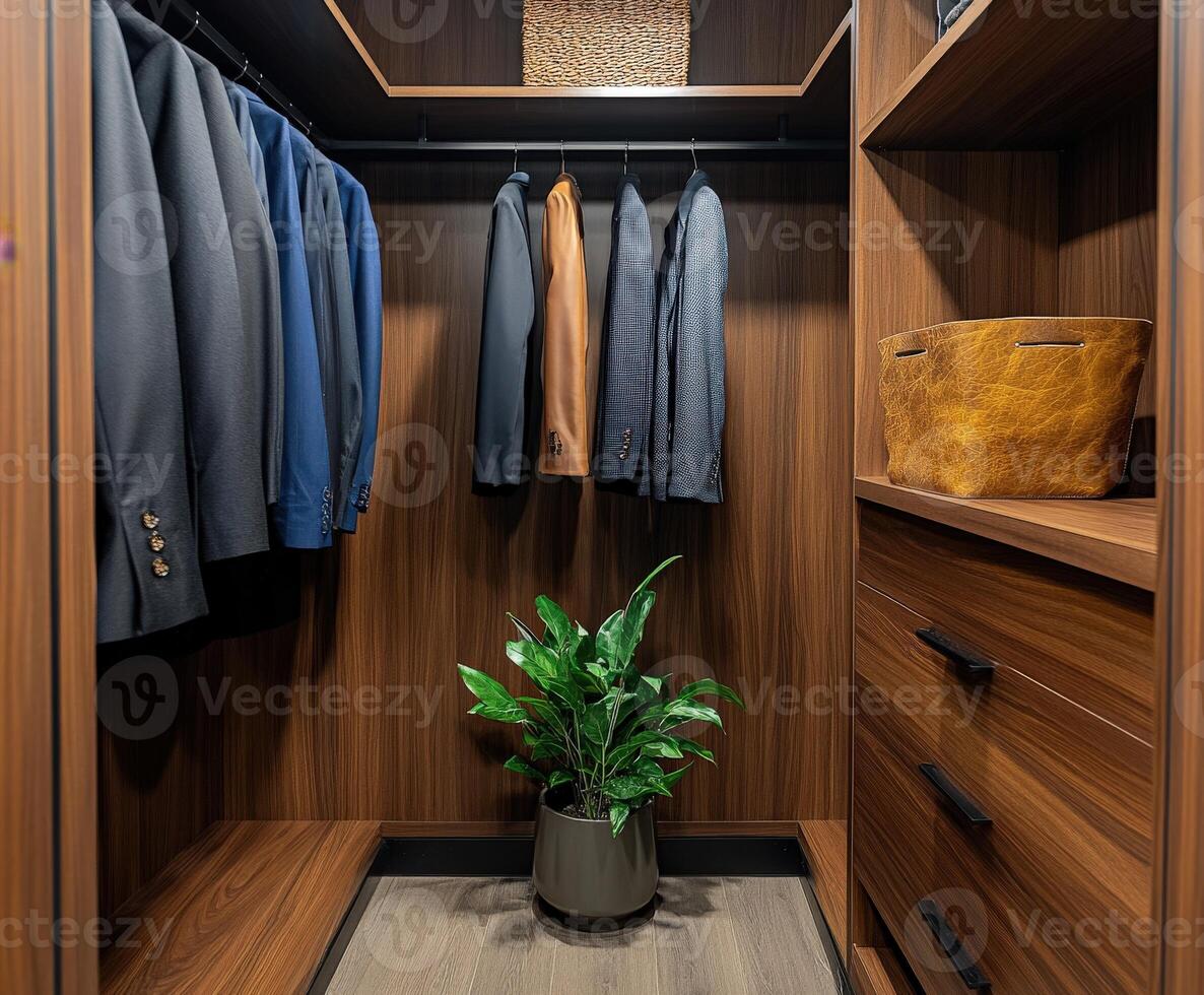 Elegant wardrobe organization with suits and a decorative plant photo