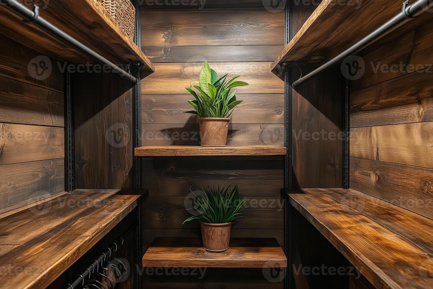 Wooden closet with shelves and potted plants for organized storage photo