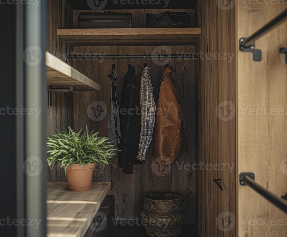 Cozy entryway with organized coats and a decorative plant in a wooden closet photo