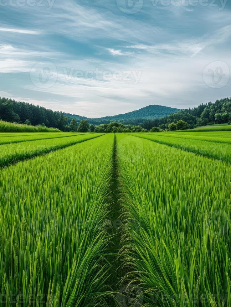 Lush green rice fields stretching towards distant hills under a blue sky photo
