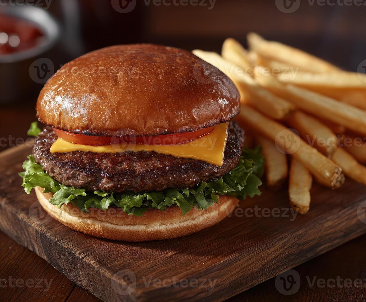 Juicy cheeseburger with fresh lettuce and crispy fries on a wooden platter photo