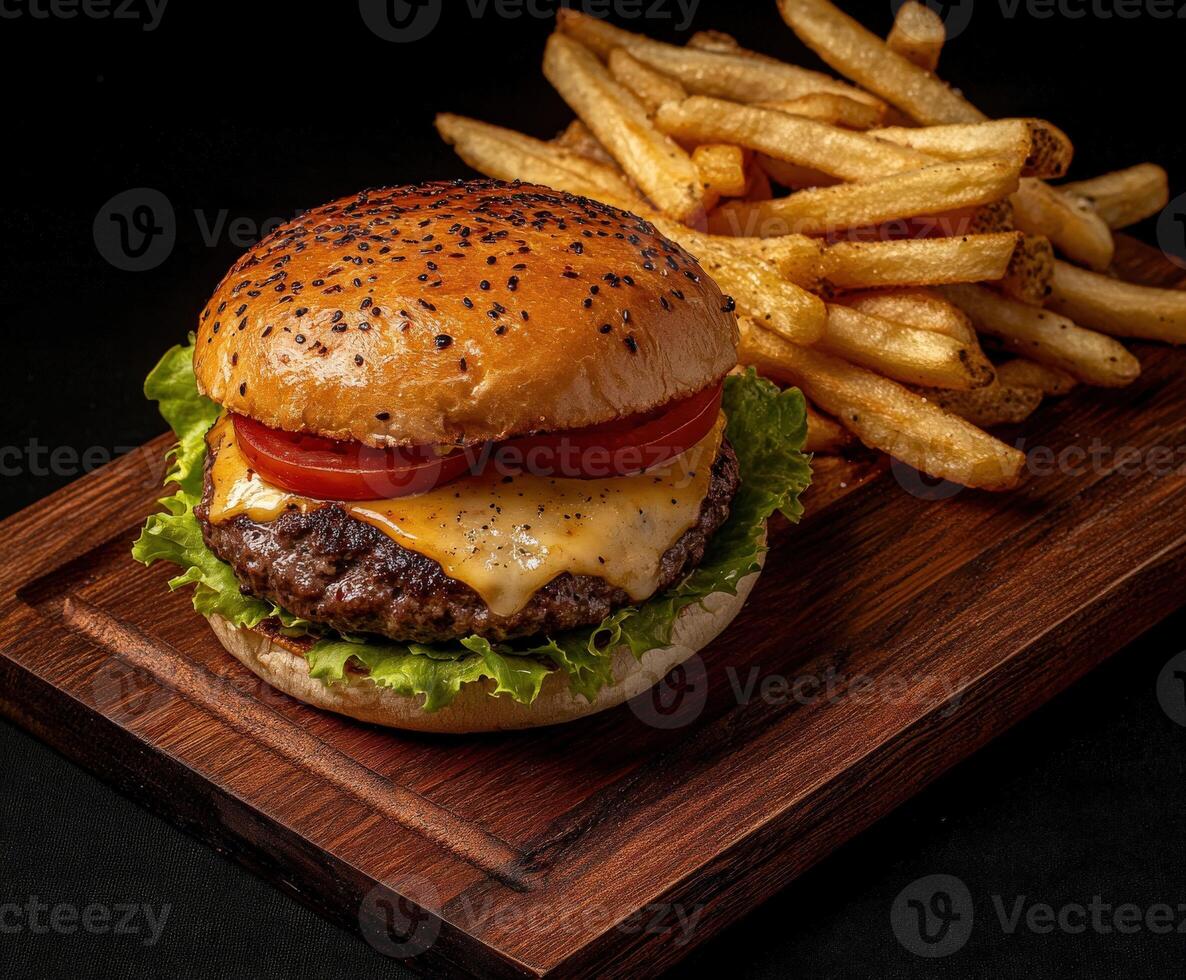 Juicy cheeseburger with fresh vegetables and crispy fries on a wooden plate photo