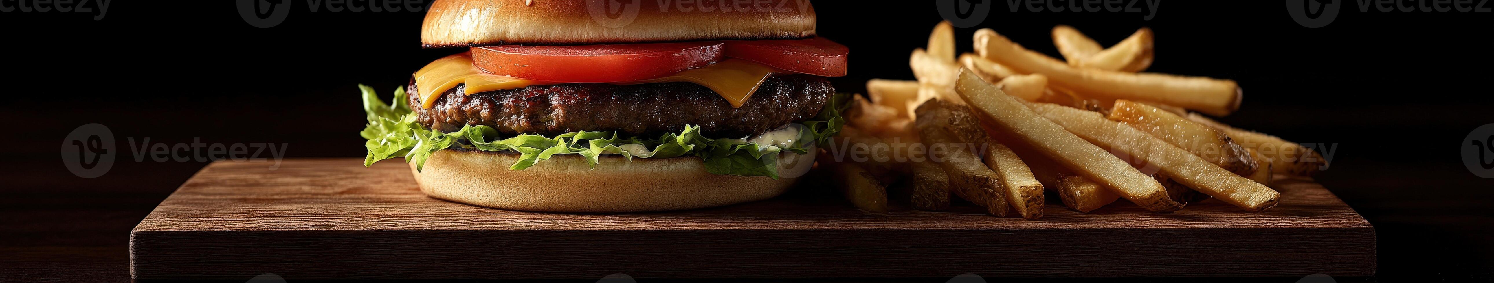 Juicy cheeseburger with fresh ingredients and crispy fries on a wooden board photo