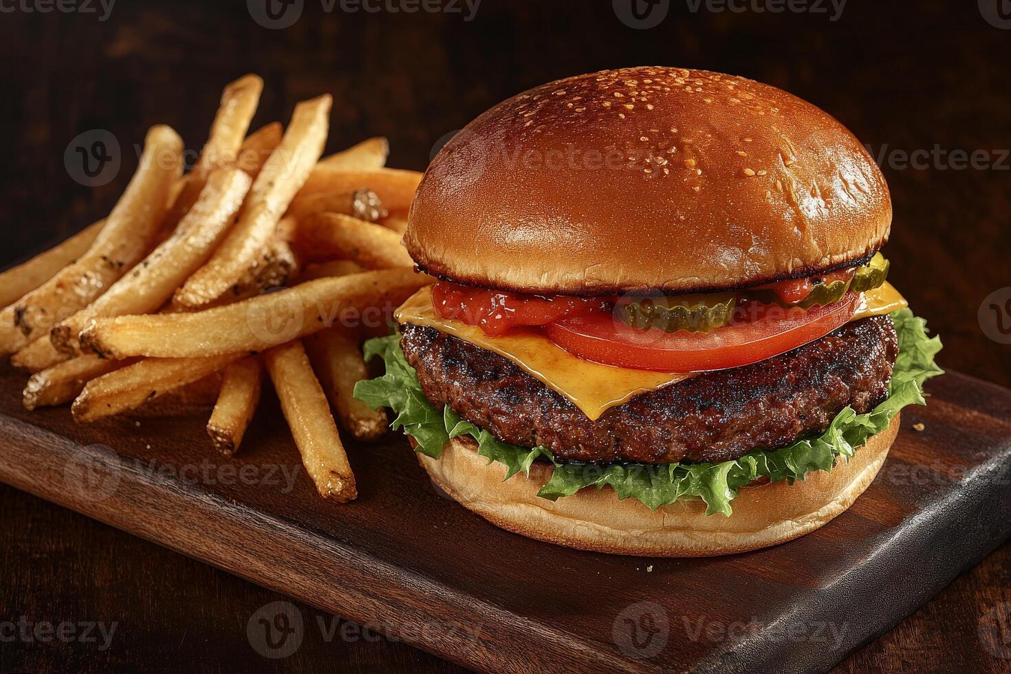 Delicious cheeseburger with fries on a wooden platter at a casual diner photo