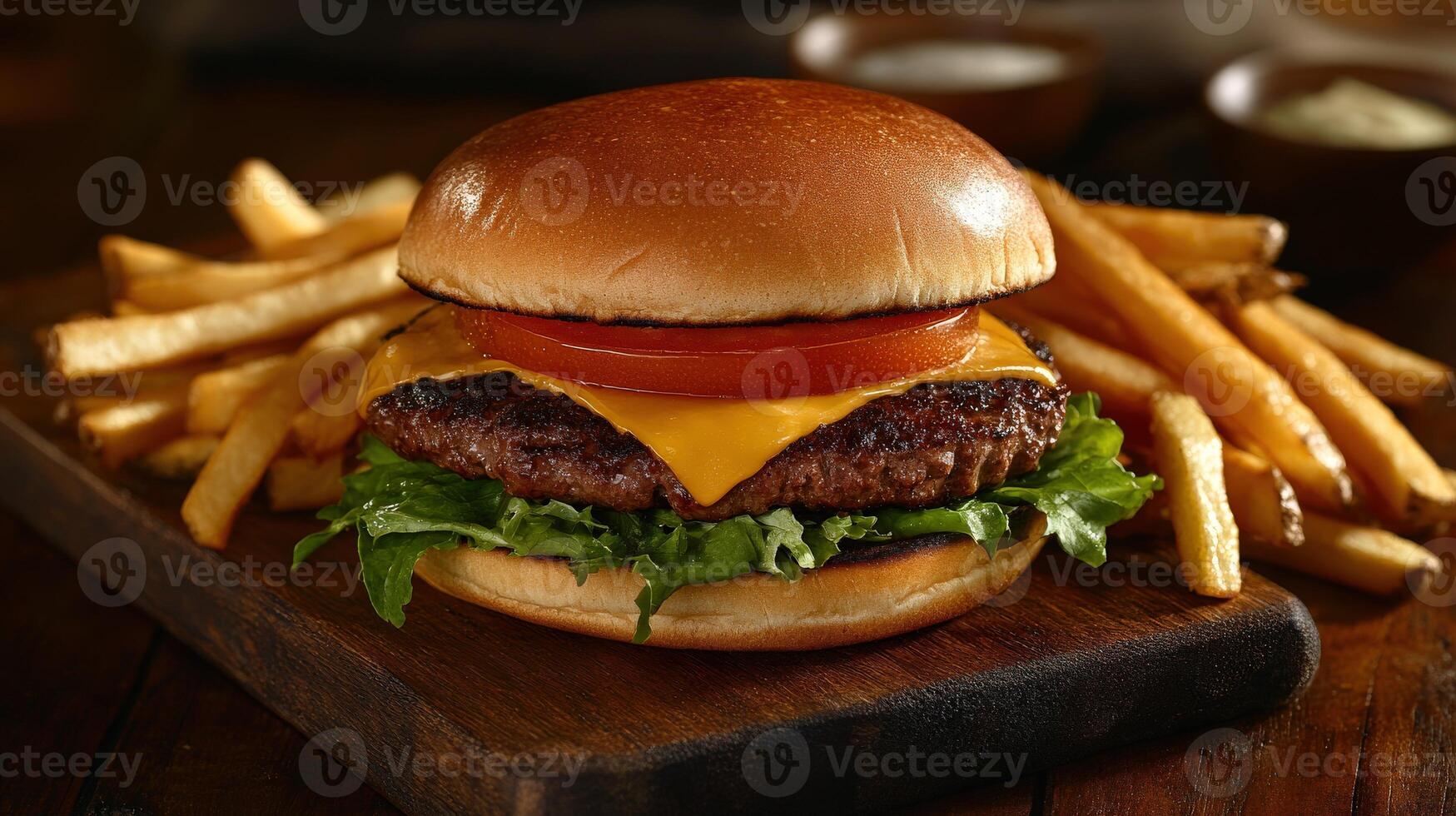 Delicious cheeseburger served with crispy fries on a wooden platter photo