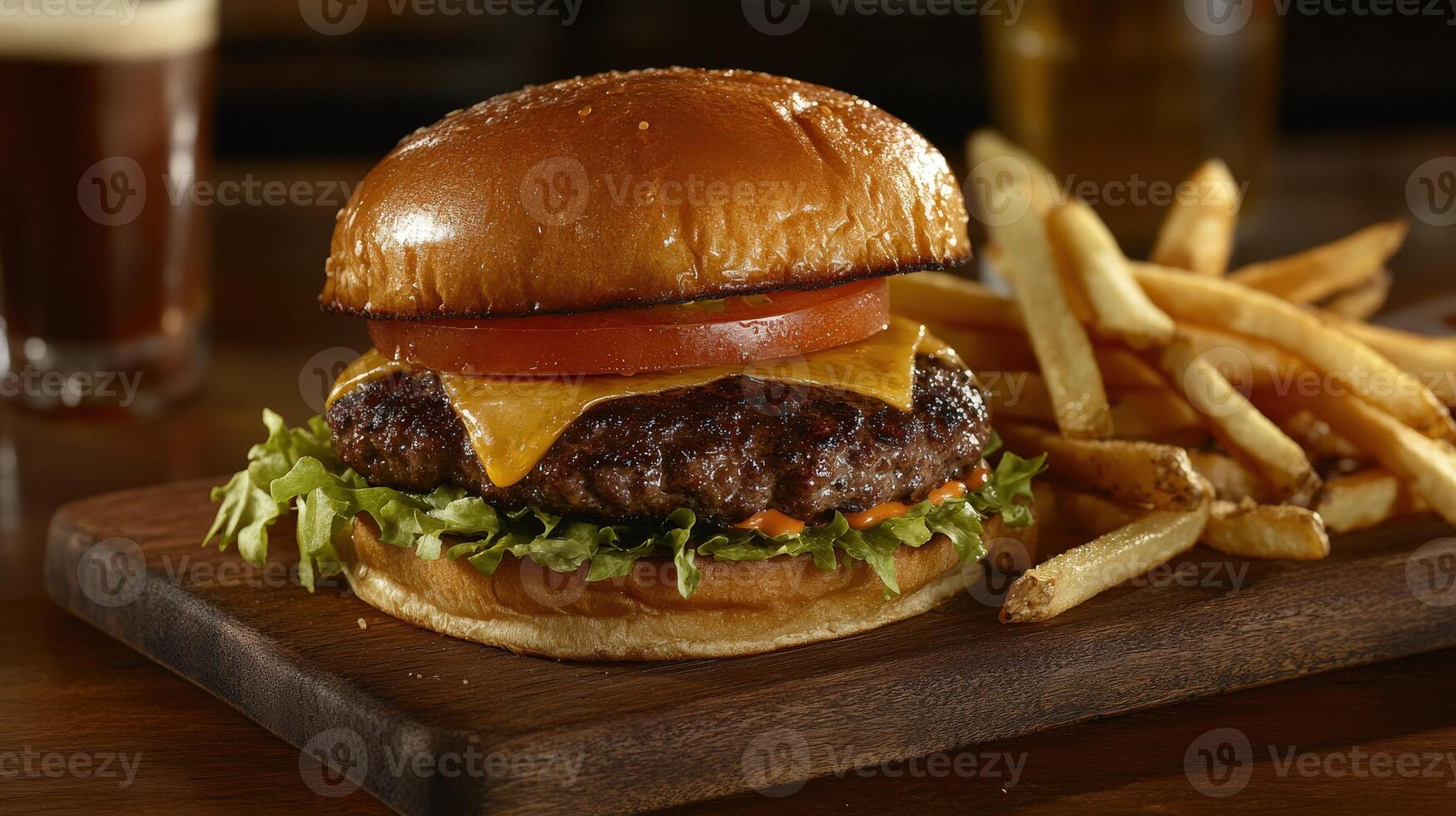 Juicy hamburger with cheddar cheese served with golden fries on wooden platter photo
