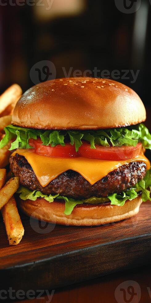 Delicious cheeseburger with fresh toppings and crispy fries served on plate photo