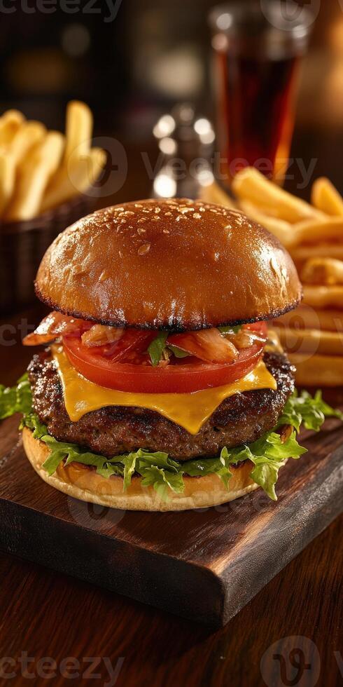 Juicy cheeseburger with fresh toppings and golden fries on wooden table photo