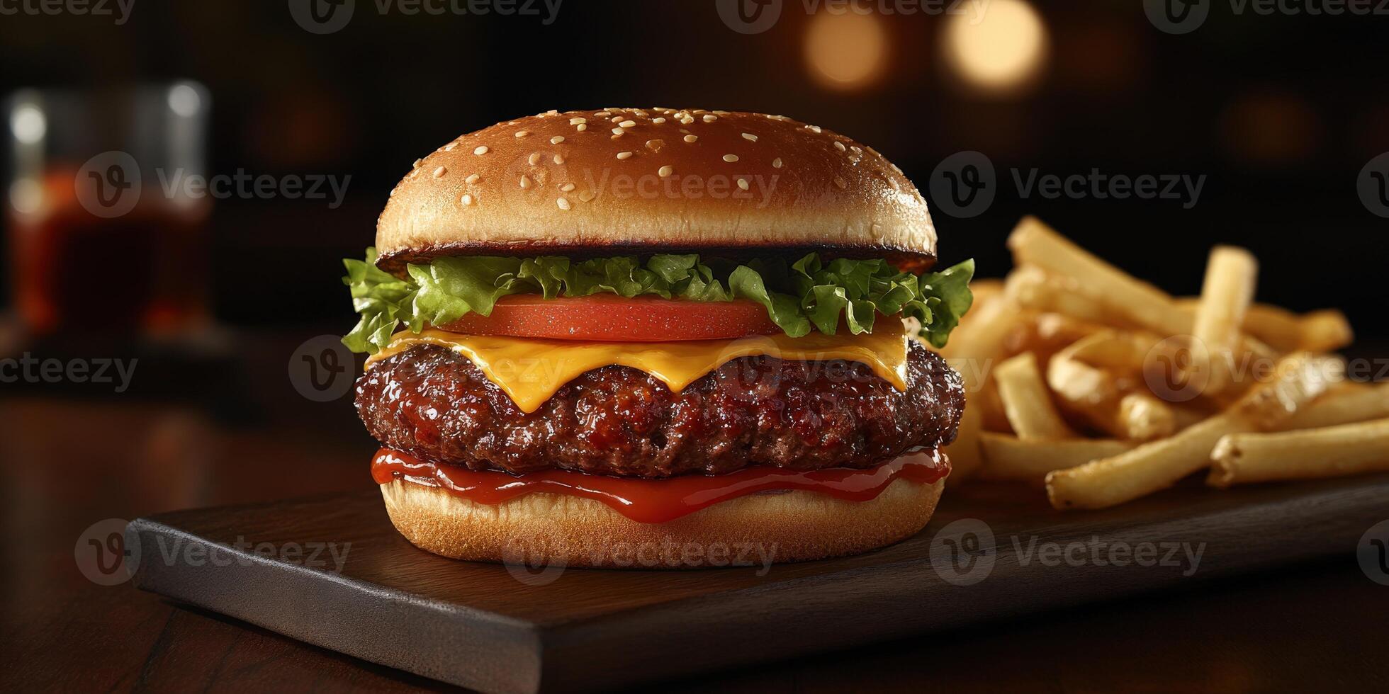 Juicy burger with cheddar and fresh toppings served with fries photo