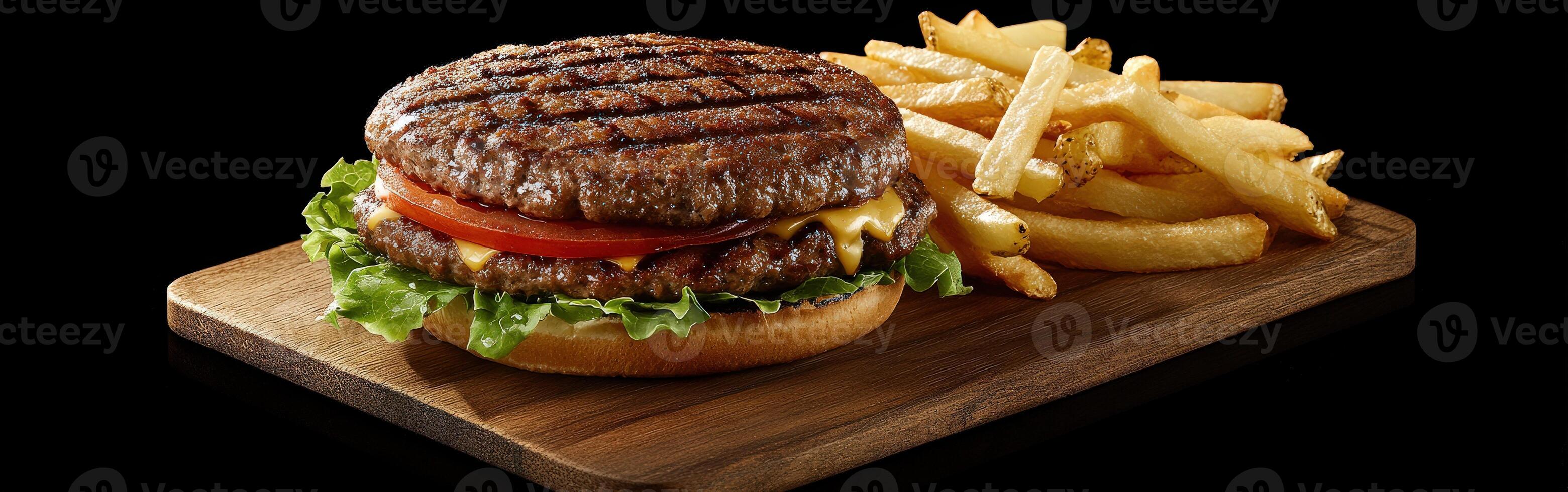 Juicy grilled hamburger with crispy fries served on a wooden platter photo