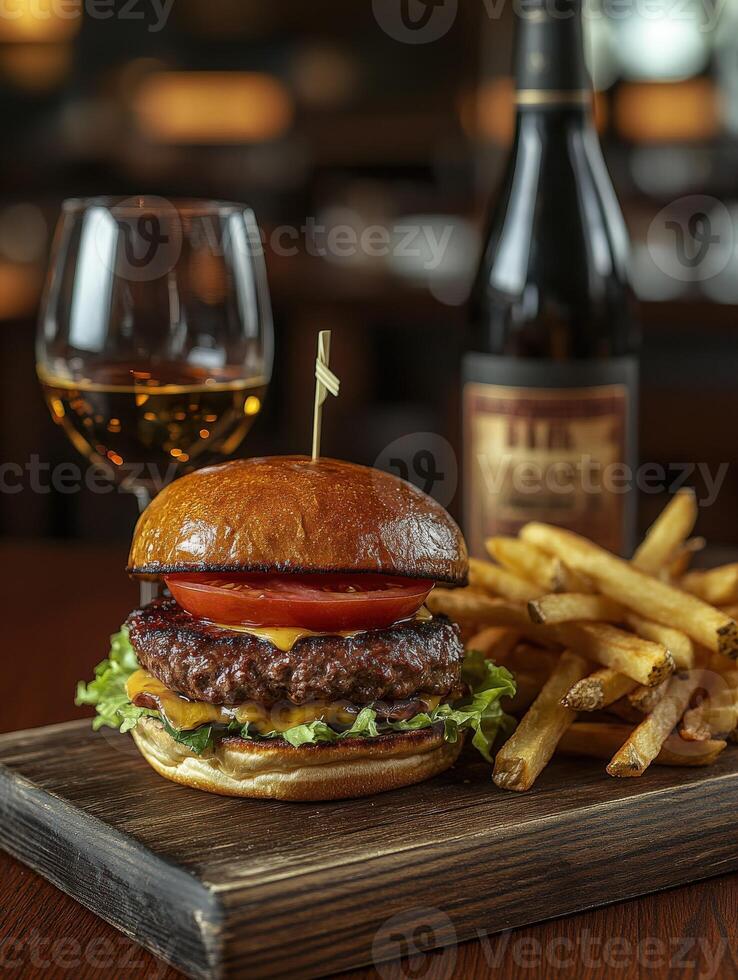 Gourmet burger with cheese and fries paired with wine on rustic table photo