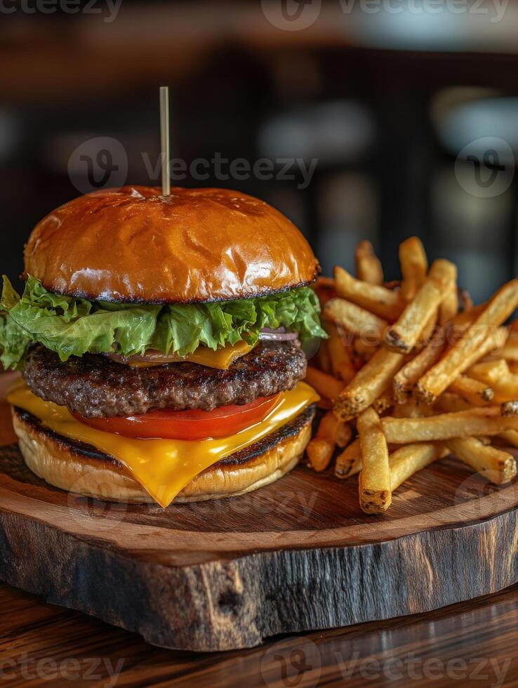 Juicy double cheeseburger with crispy fries served on a wooden platter photo