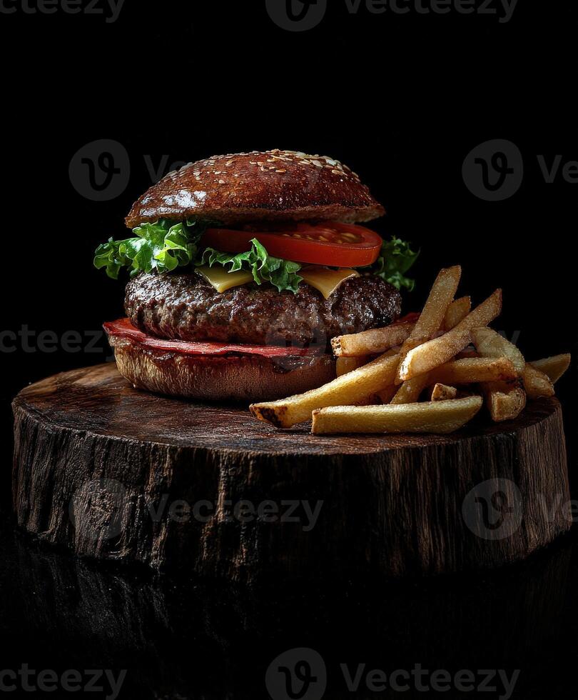 Juicy gourmet burger with crispy fries served on rustic wooden board photo