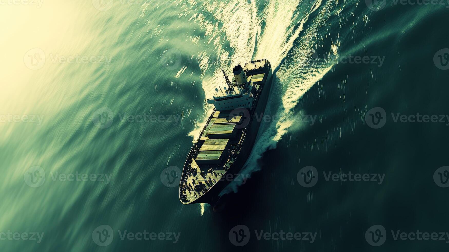 Cargo ship navigating through ocean waves on a sunny day photo