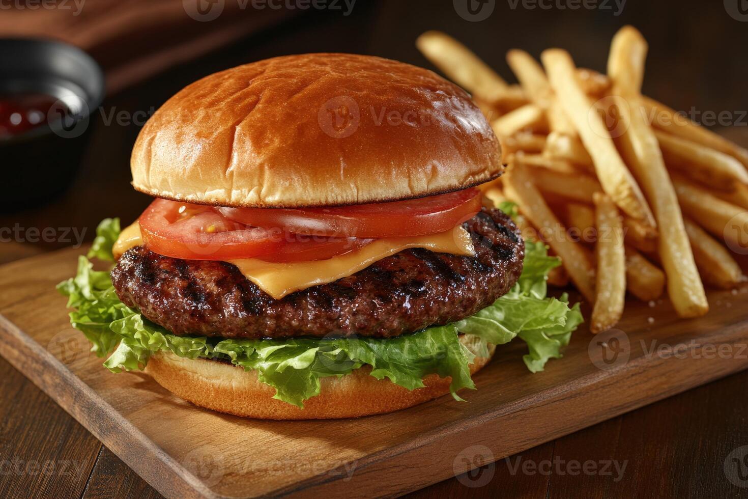 Enjoying a delicious cheeseburger with fries at a casual dining restaurant photo