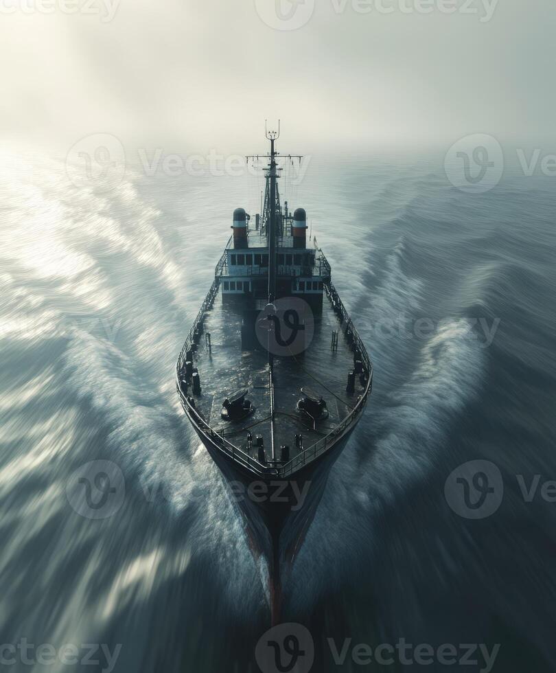Ship navigating through foggy waters at dawn photo
