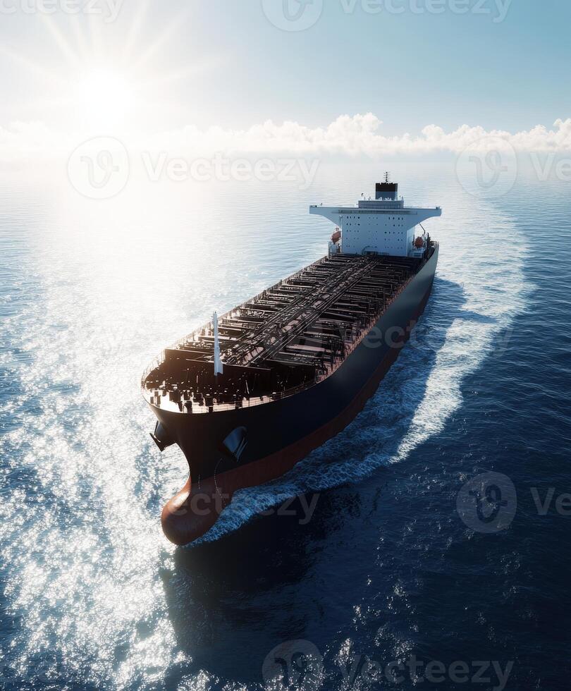 Massive cargo ship navigates open waters under bright sunlight photo