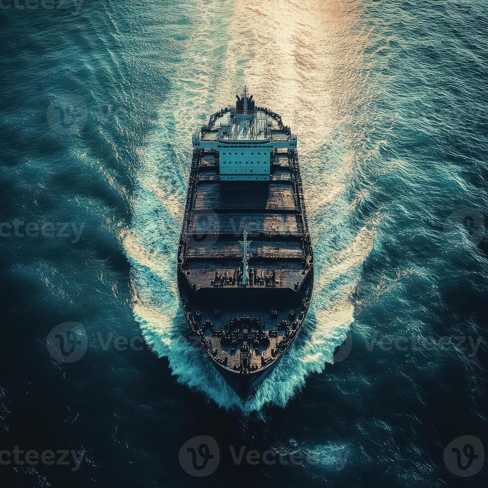 Large cargo ship navigating through ocean waters during sunset photo