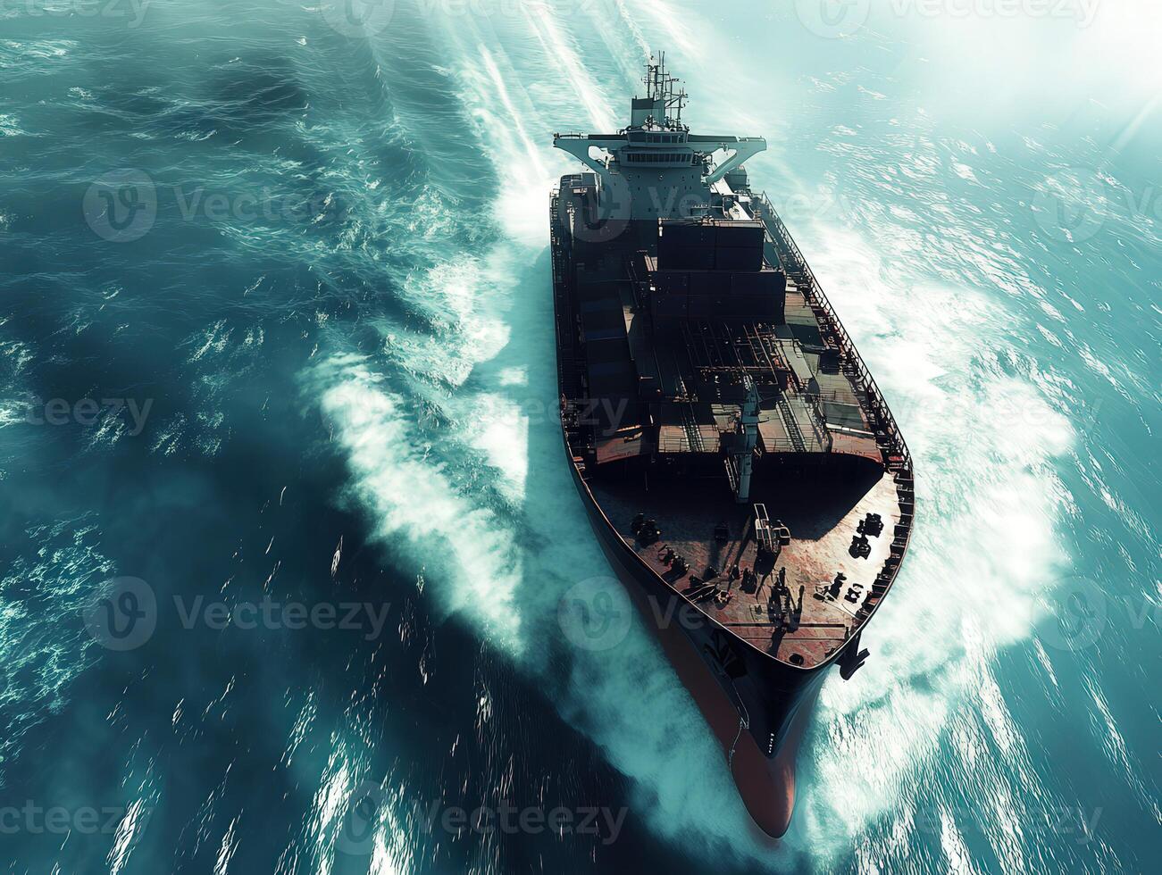 Cargo ship navigating through ocean waves under bright sunlight photo