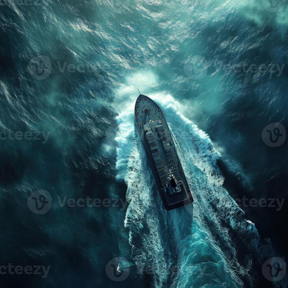 Ship navigating through turquoise ocean waters with powerful wake photo