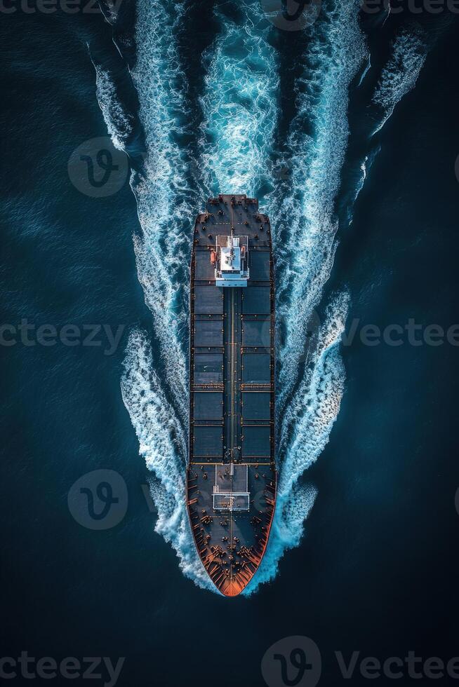 Cargo ship navigating through ocean waters as it leaves port at sunset photo