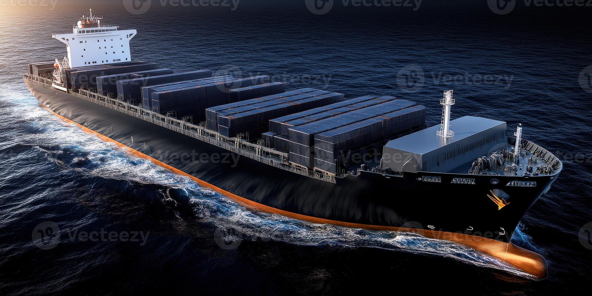 Large cargo ship navigating open waters at sunset with container stacks photo