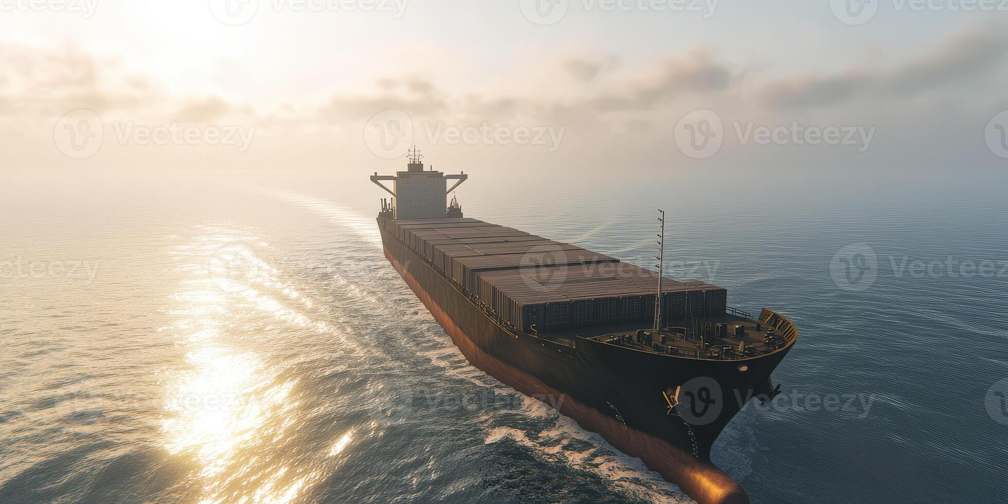 Cargo ship navigating through tranquil waters at sunset photo
