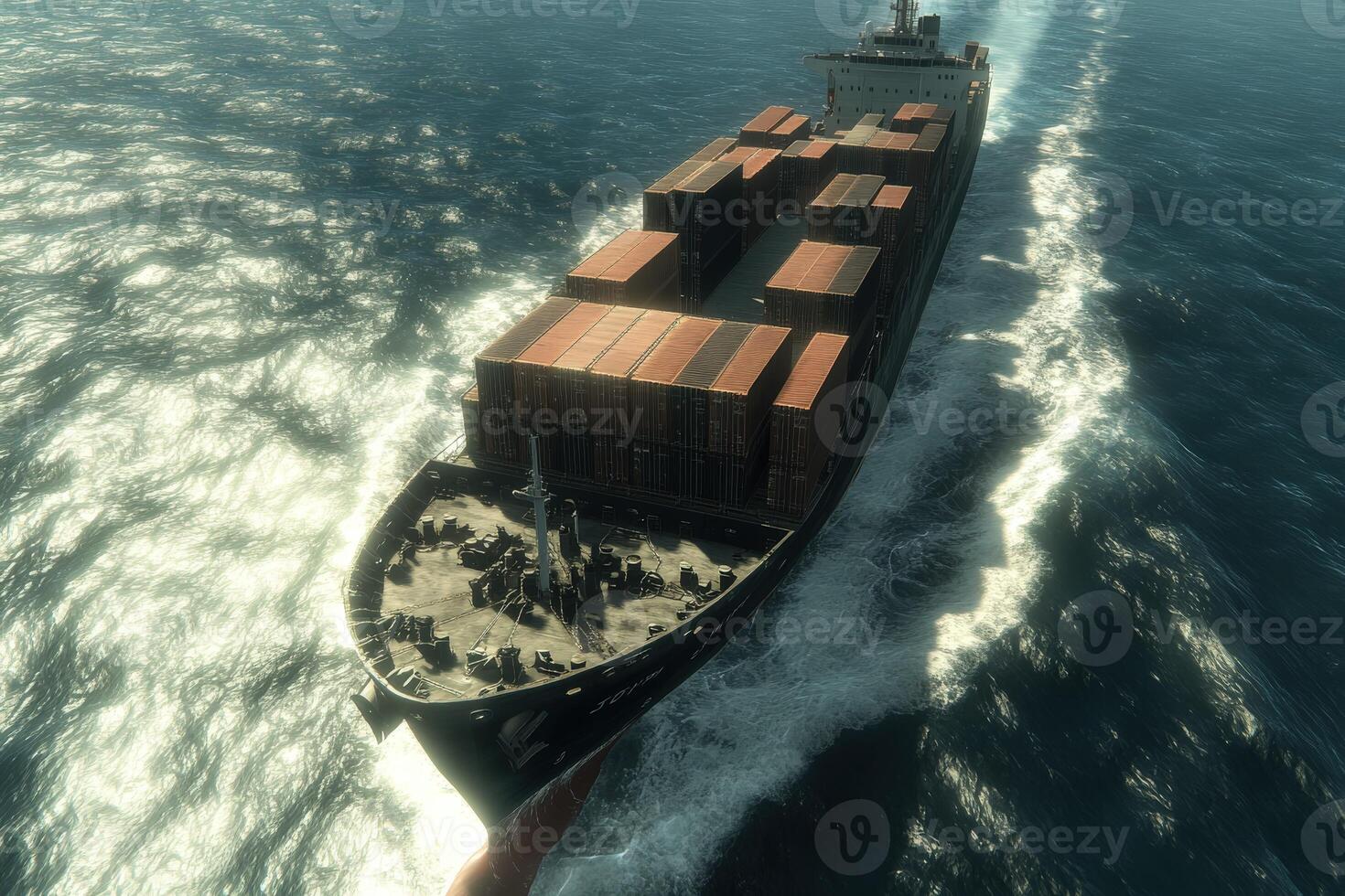 Container ship navigating through deep blue ocean waters at daylight photo