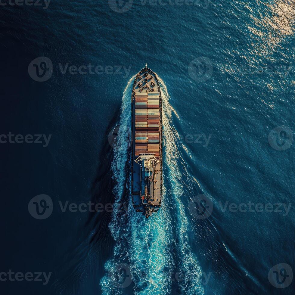 Container ship navigating through deep blue waters during the day photo