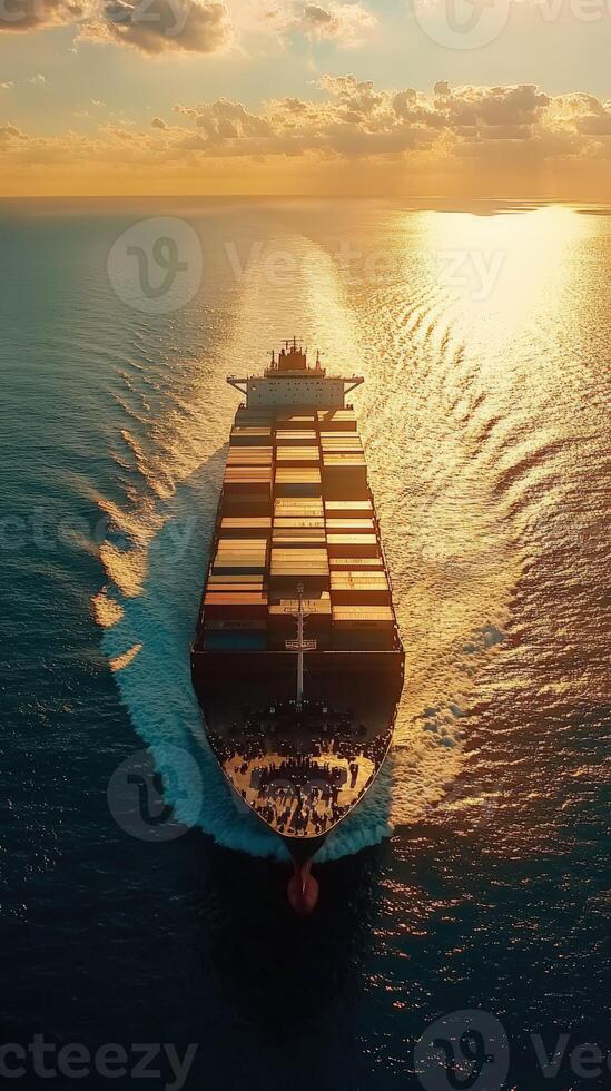 Sunset view of a cargo ship navigating through calm waters photo