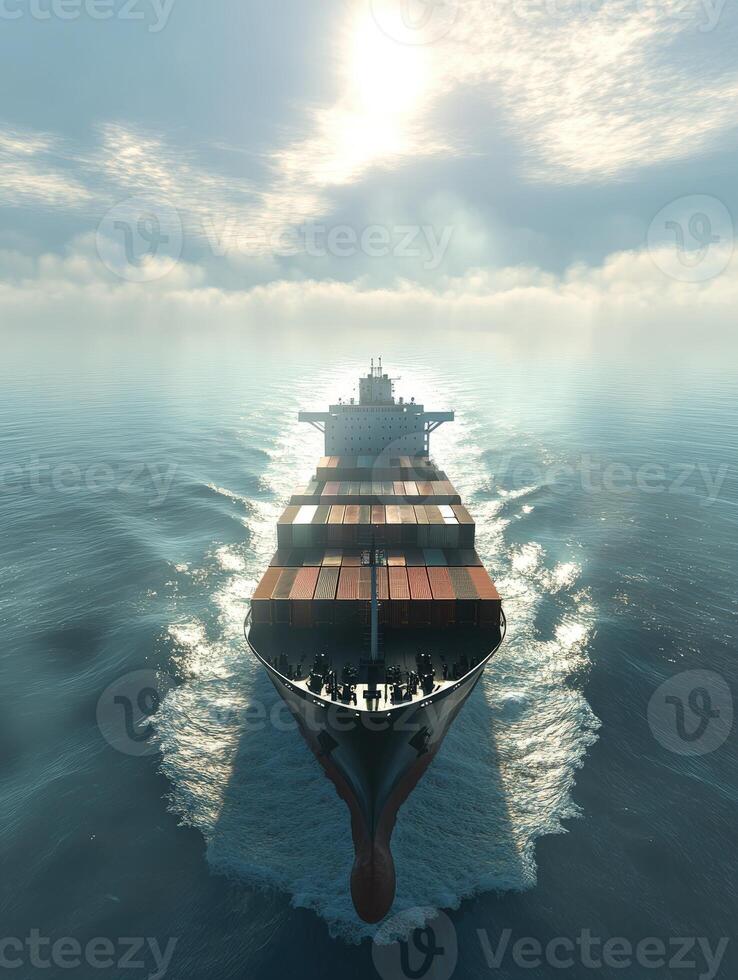 Large cargo ship navigating calm waters under a hazy sky at dawn photo